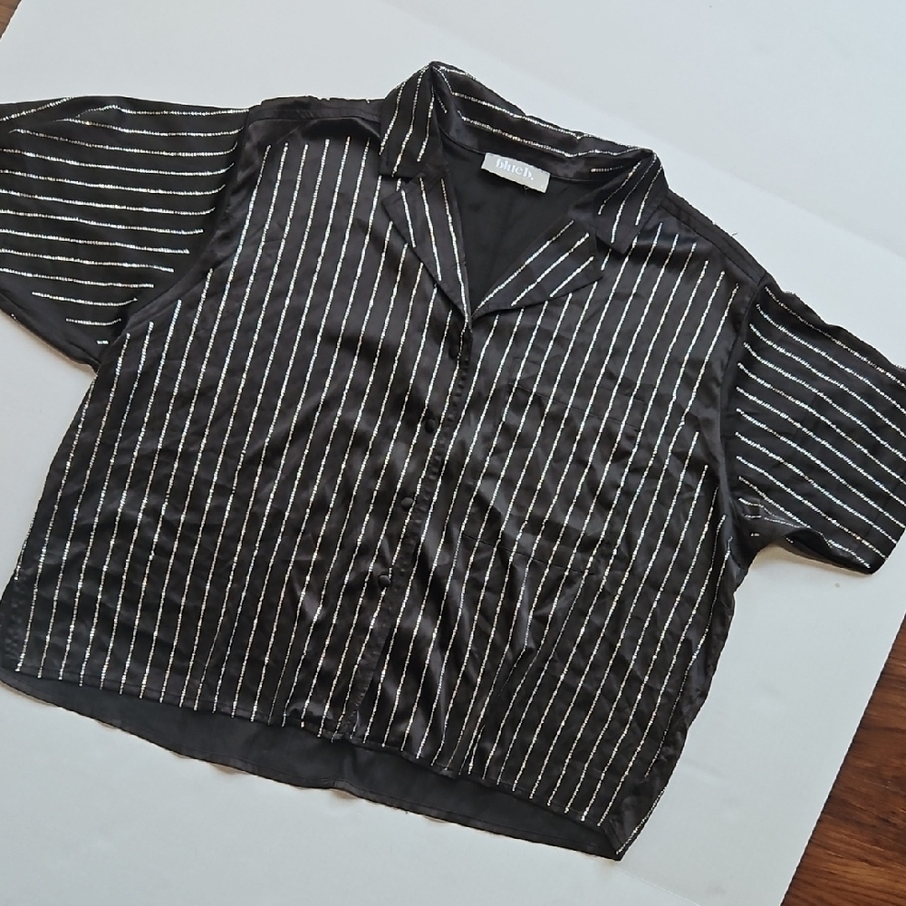 blue b. Silky Rhinstone Striped Pajama Blouse, Size Medium